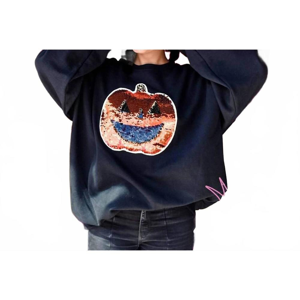 NEW SYNERGY ORGANIC CLOTHING graphic halloween sequins sweatshirt in black